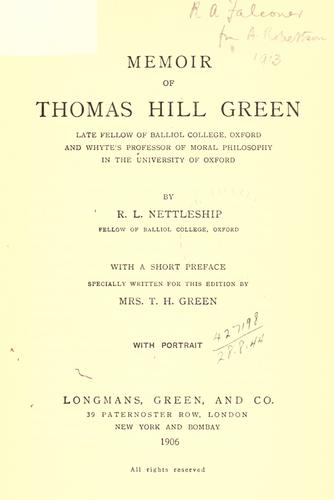Cover for Memoir of Thomas Hill Green