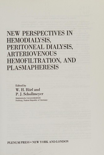 Cover for New Perspectives in Hemodialysis, Peritoneal Dialysis, Arteriovenous Hemofiltration, and Plasmapheresis