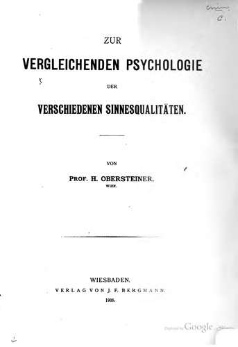 Cover for Zur vergleichenden Psychologie der verschiedenen Sinnesqualitäten.