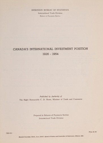 Cover for Canada's international investment position, 1926-1954