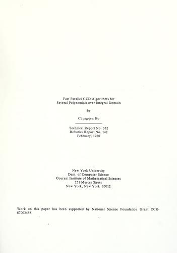 Cover for Fast parallel GCD algorithms for several polynomials over integral domain.