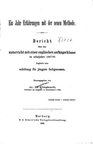 Cover for Ein Jahre Erfahringen mit der neuen Methode...