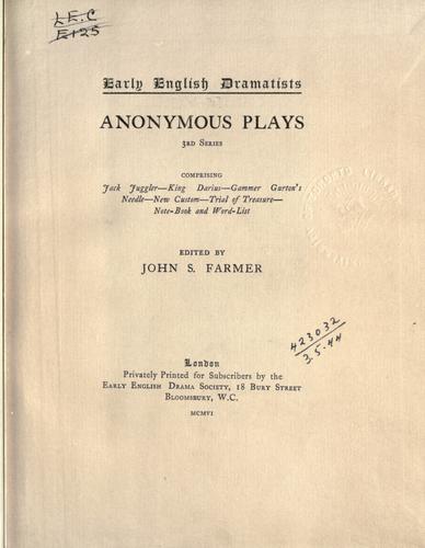 Cover for Anonymous plays.