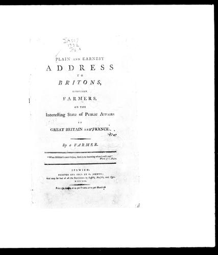 Cover for A plain and earnest address to Britons, especially farmers