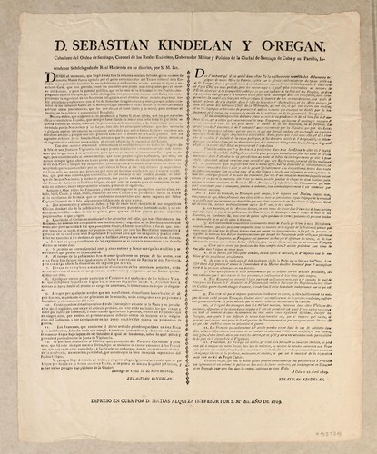Cover for D[on] Sebastian Kindelan y O-Regan, caballero del Orden de Santiago, coronel de los reales exércitos, gobernador militar y politico de la ciudad de Santiago de Cuba y su partido, intendente subdelegado de Real Hacienda en su distrito, por S[u] M[agestad] &c