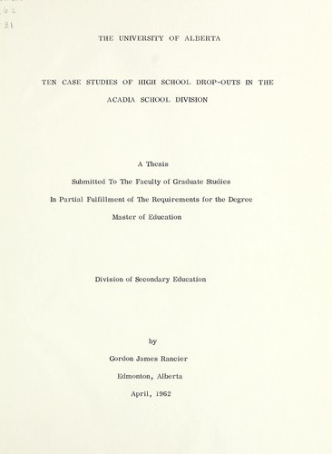 Cover for Ten case studies of high school drop-outs in the Acadia school division