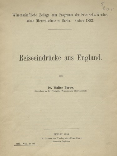 Cover for Reiseeindrücke aus England