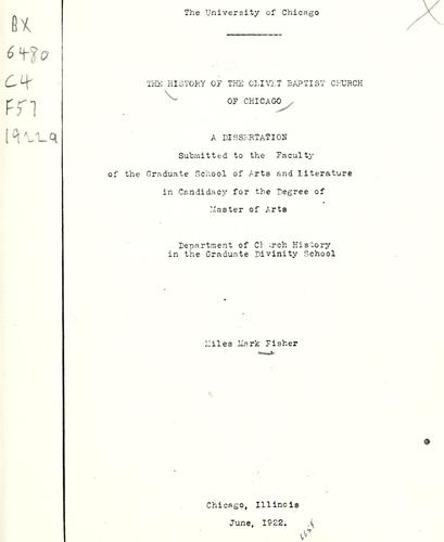 Cover for history of the Olivet Baptist Church of Chicago