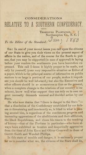 Cover for Considerations relative to a southern confederacy.