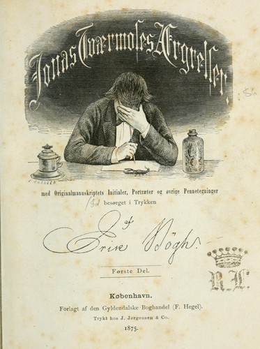 Cover for Jonas Tværmoses ærgelser; med originalmanuskriptets initialer, portræter og øvrige pennetegninger