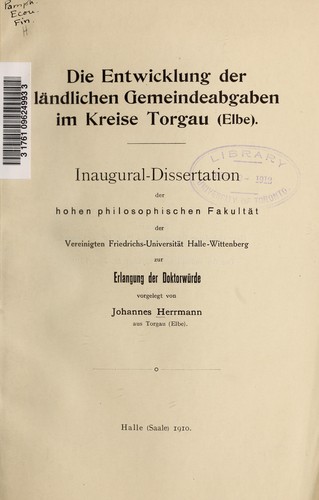 Cover for Die entwicklung der ländlichen Gemeindeabgaben im Kreiso torgau (Elbe)