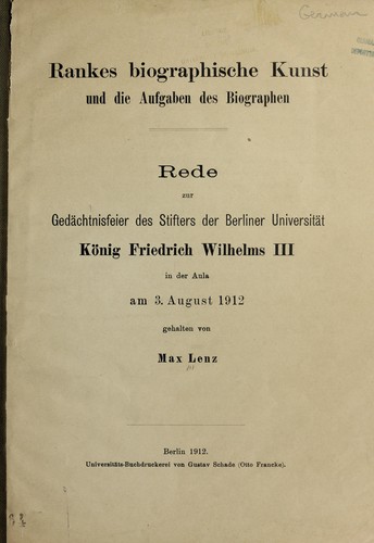 Cover for Rankes biographische kunst und die aufgaben des biographen ...