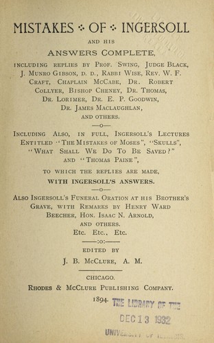 Cover for Mistakes of Ingersoll and his answers complete
