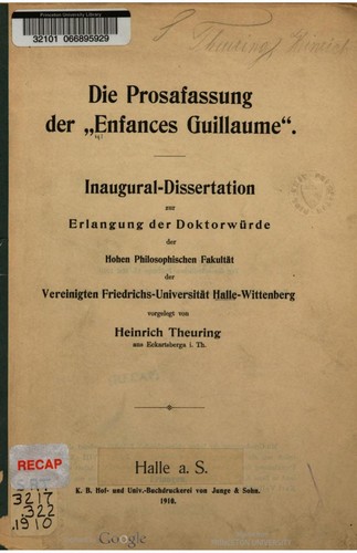 Cover for Die Prosafassung der Enfances Guillaume