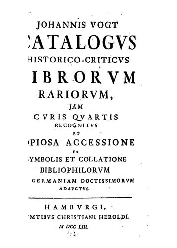 Cover for Catalogvs historico-criticvs librorvm rariovm
