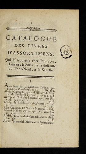 Cover for Catalogue des livres d'assortimens, qui se trouvent chez Pissot, libraire a   Paris, a   la dscente du Pont-Neuf, a   la Sagesse