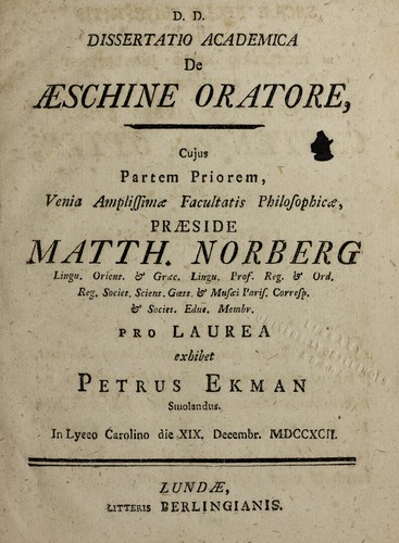 Cover for De Aeschine oratore