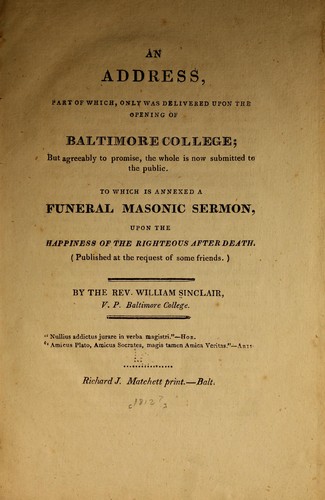 Cover for An address, part of which, only was delivered upon the opening of Baltimore college