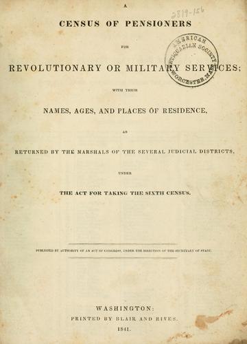 Cover for A census of pensioners for revolutionary or military services