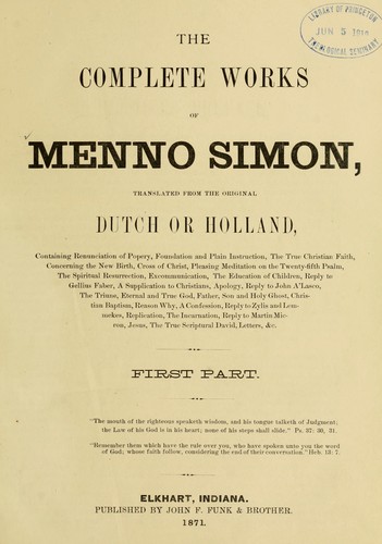 Cover for The complete works of Menno Simon