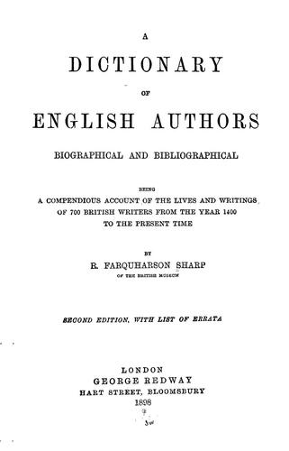 Cover for A dictionary of English authors, biographical and bibliographical