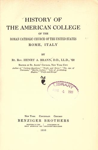 Cover for History of the American College of the Roman Catholic Church of the United States, Rome, Italy