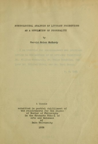 Cover for Psychological analysis of literary productions as a revelation of personality