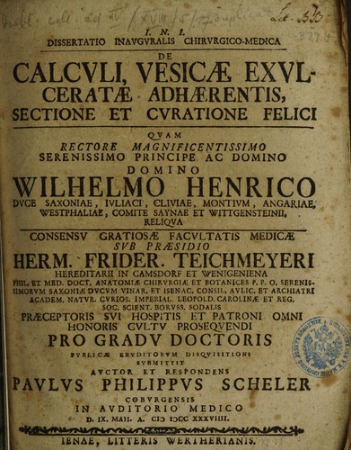 Cover for Dissertatio inauguralis chirurgico-medica de calculi, vesicae, exulceratae, adhaerentis, sectione et curatione felici