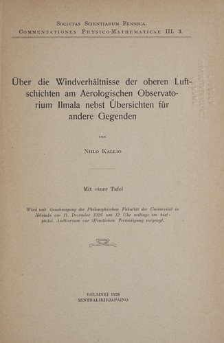 Cover for Über die Windverhältnisse der oberen Luftschichten am aerologischen Observatorium Ilmala nebst Übersichten für andere Gegenden