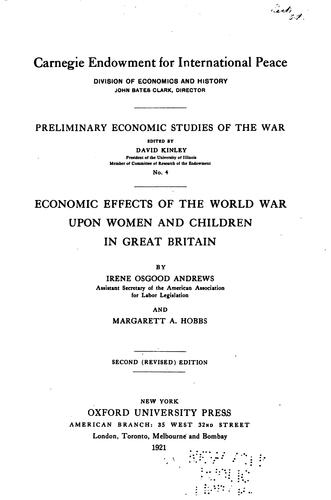Cover for Economic effects of the world war upon women and children in Great Britain