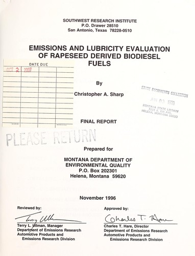 Cover for Emissions and lubricity evaluation of rapeseed derived biodiesel fuels