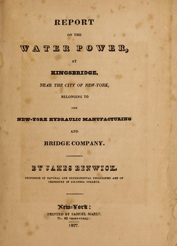Cover for Report on the water power, at Kingsbridge
