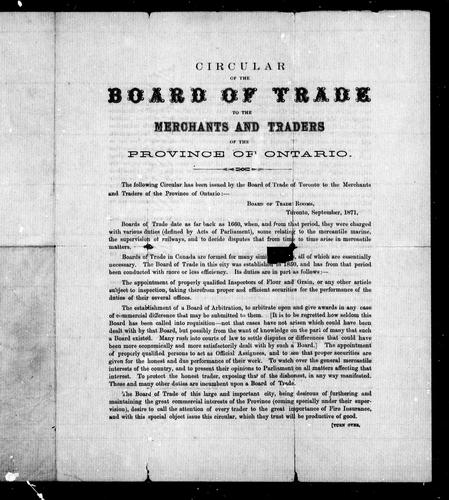 Cover for Circular of the Board of Trade to the merchants and traders of the province of Ontario