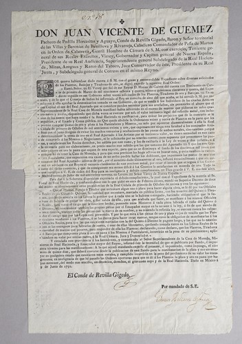 Cover for Don Juan Vicente de Guemez Pacheco de Padilla Horcasitas y Aguayo, conde de Revilla Gigedo, baron y señor territorial de la villas y baronías Benillova y Rivarroja, cabellero comendador de Peña de Martos en la Orden de Calatrava, gentil hombre de cámara de S.M. con exercicio, teniente general de sus reales exércitos, virrey, gobernador y capitan general de Nueva España, presidente de su Real Audiencia, superintendente general subdelegado de la Real hacienda, Minas, Azogues y ramo del Tabaco, juez conservador de éste, presidente de su Real Junta, y sudelegado general de Correos en el mismo reyno