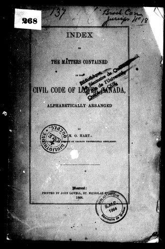 Cover for Index to the matters contained in the civil code of Lower Canada