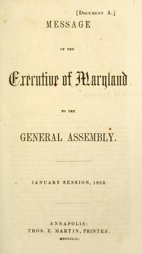 Cover for Message of the executive to the General Assembly of Maryland