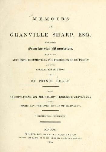 Cover for Memoirs of Granville Sharp, Esq.