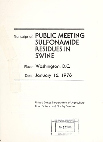 Cover for Transcript of public meeting, sulfonamide residues in swine, Washington, D.C., January 16, 1978