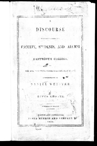 Cover for A discourse delivered before the faculty, students, and alumni of Dartmouth College, on the day preceding commencement, July 27, 1853, commemorative of Daniel Webster