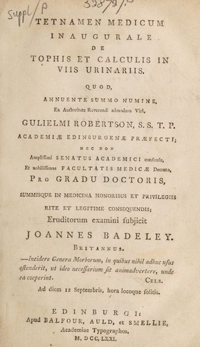 Cover for Tetnamen [sic] medicum inaugurale de tophis et calculis in viis urinariis ...