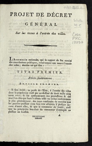 Cover for Projet de de cret ge ne ral sur les taxes a   l'entre e des villes