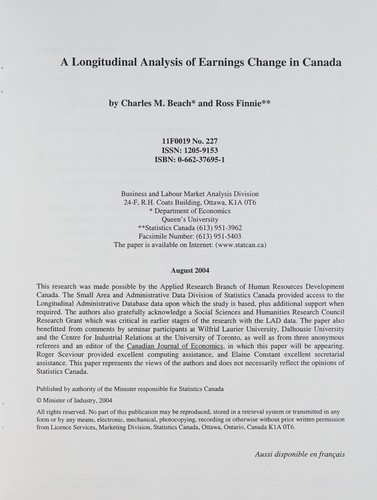 Cover for A longitudinal analysis of earnings change in Canada