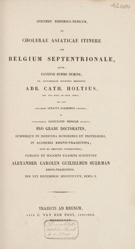Cover for Specimen historico-medicum de cholerae Asiaticae itinere per Belgium septentrionale, a. 1832-1834