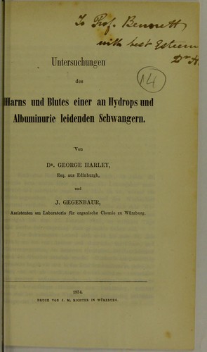 Cover for Untersuchungen des Harns und Blutes einer an Hydrops und Albuminurie leidenden Schwangern