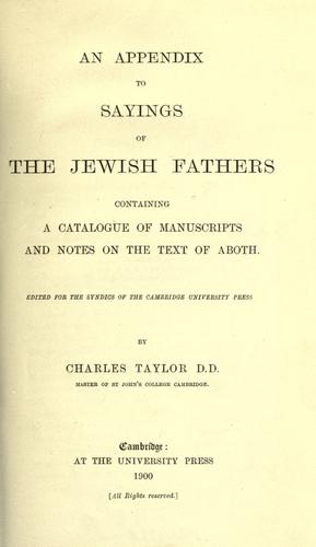 Cover for Appendix to Sayings of the Jewish Fathers
