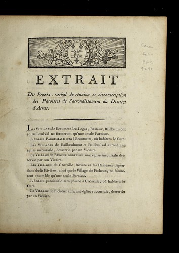 Cover for Extrait du proc`es-verbal de re union et circonscription des paroisses de l'arrondissement du district d'Arras