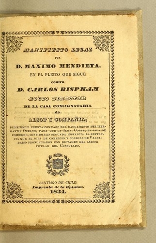 Cover for Manifiesto legal por D. Maximo Mendieta, en el pleito que sigue contra D. Carlos Bispham