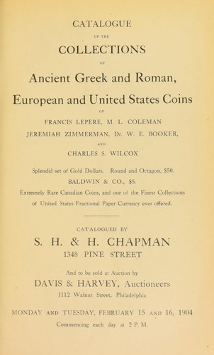 Cover for Catalogue of the collections of ancient Greek and Roman, European and United States coins of Francis Lepere, M. L. Coleman, Jeremiah Zimmerman, Dr. W. E. Booker and Charles S. Wilcox ...