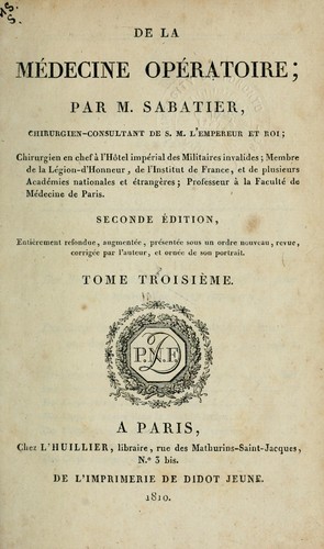 Cover for De la médecine opératoire
