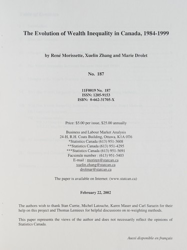 Cover for The evolution of wealth inequality in Canada, 1984-1999